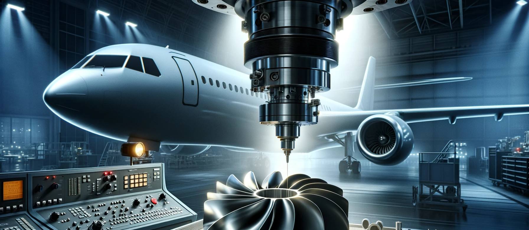 DALL·E 2023 12 14 23.46.15 Create a realistic and cinematic image showcasing the role of CNC machining in aerospace component manufacturing with a specific focus on an impeller