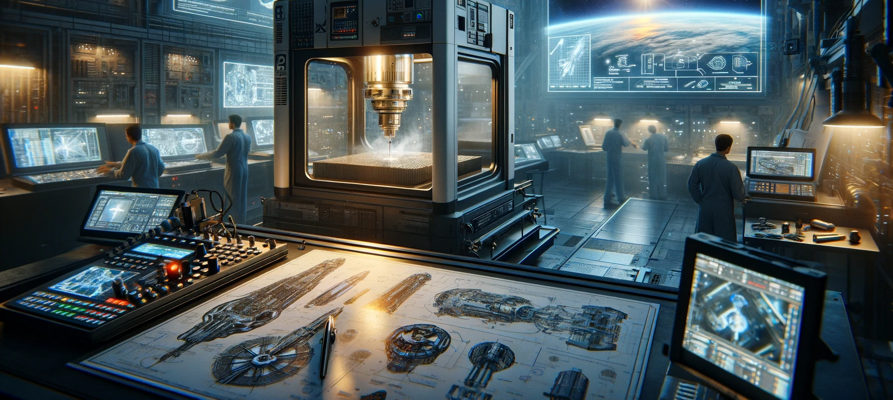 DALL·E 2024 01 05 01.10.39 A cinematic and ultra realistic scene illustrating CNC machinings role in advancing space exploration with significantly smaller CNC machines. The