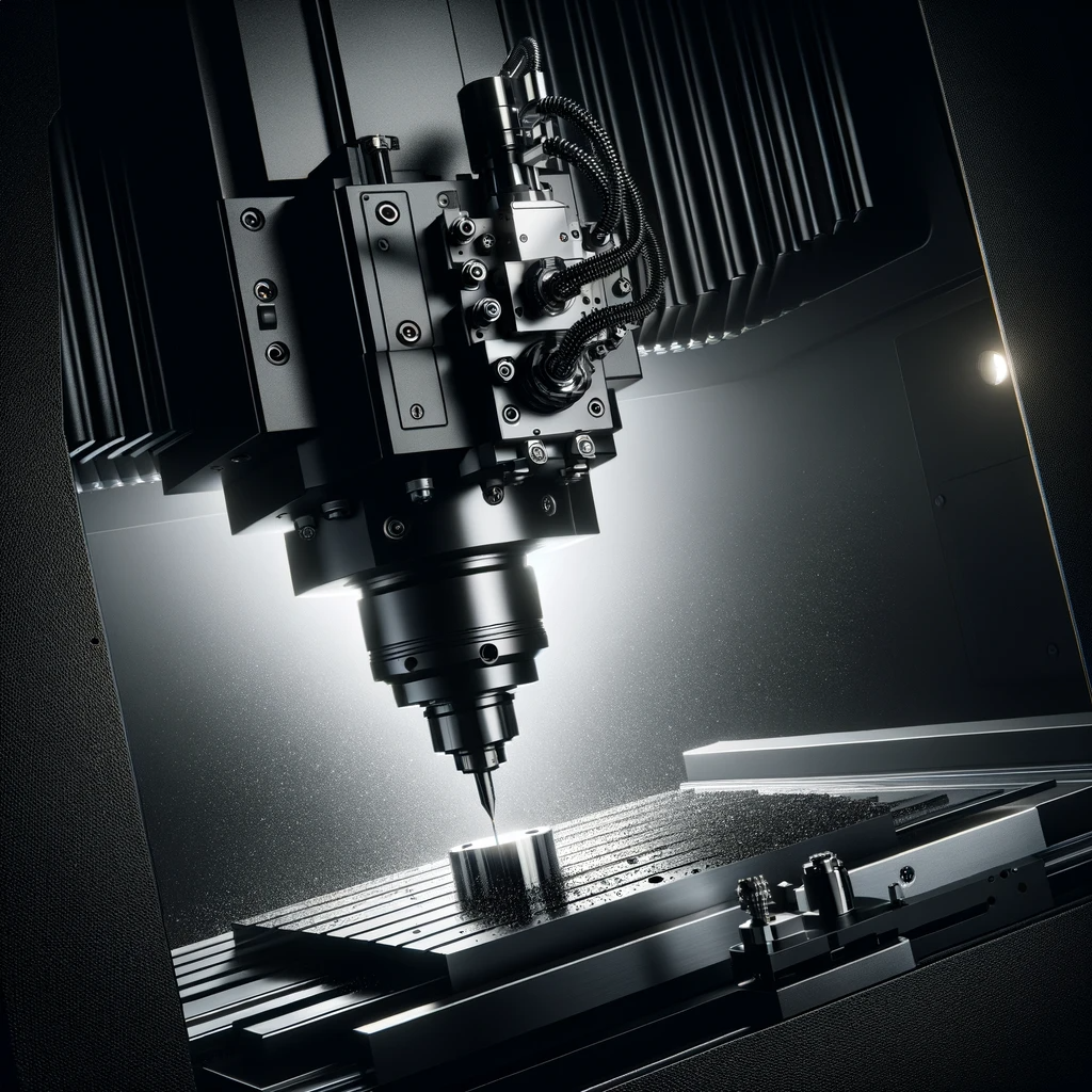 DALL·E 2023 11 16 01.56.27 Create an image of a 5 axis CNC machine in operation set against a dark black background. The image should focus on the CNC machine with its cutting