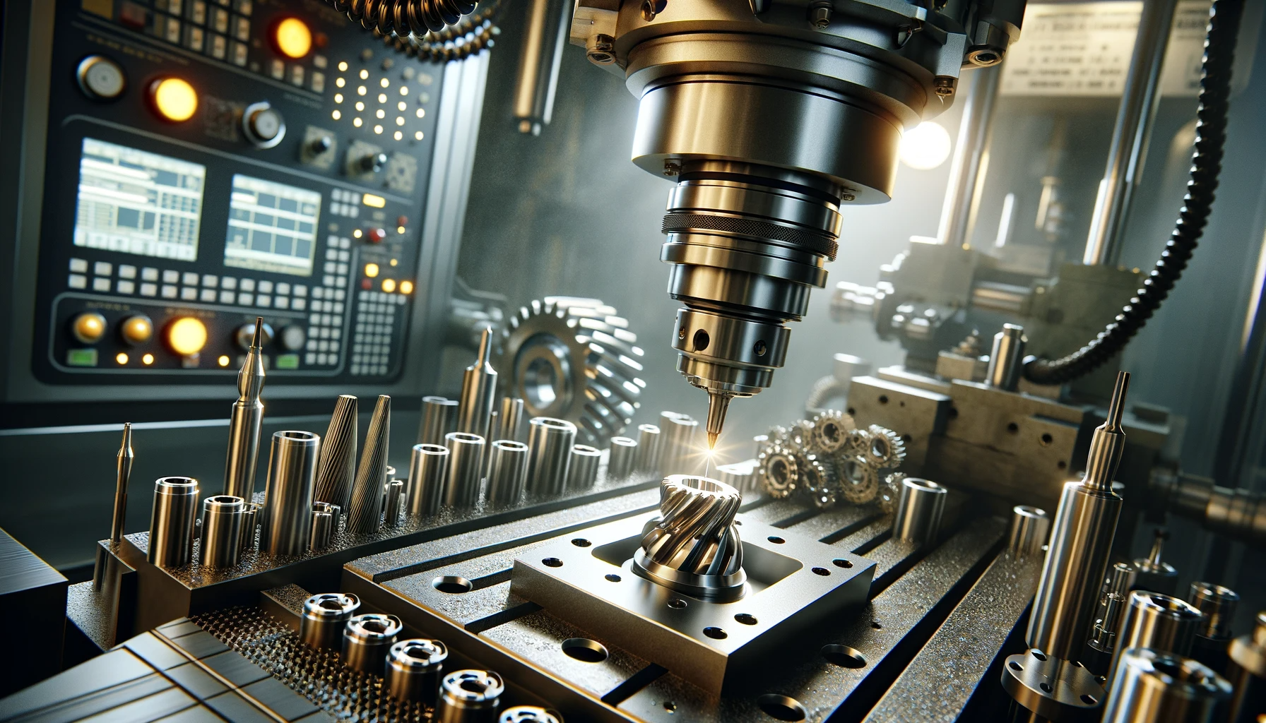 DALL·E 2024 01 11 03.03.46 Create an image focusing on the small component milling process in a CNC setting drawing inspiration from the previously generated image. The scene s
