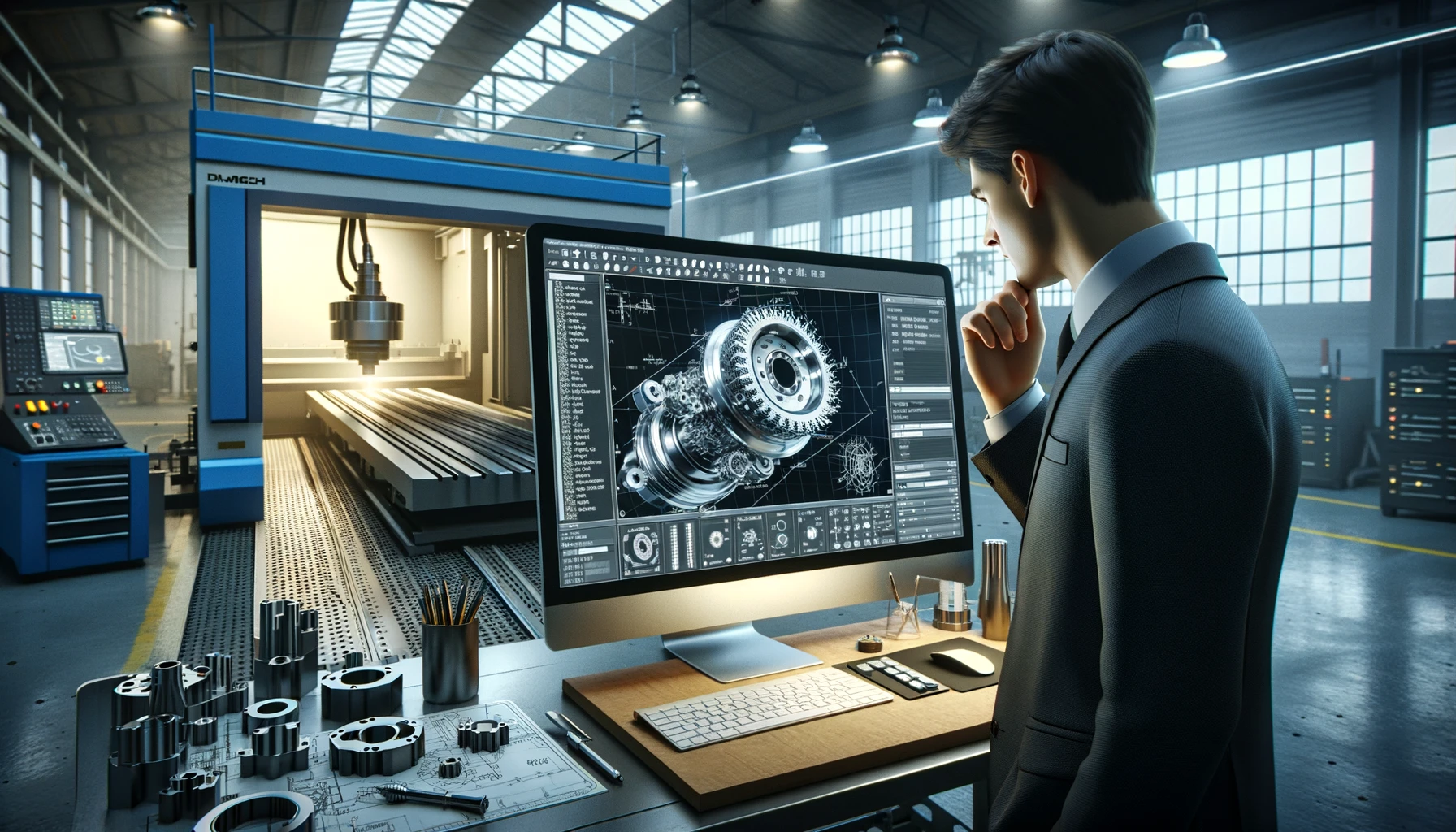 an engineer analyzing a CAD software interface on a monitor. The scr
