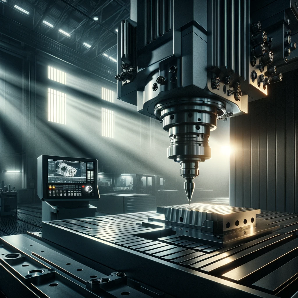 Envision a state of the art workshop dedicated to the precision engineering of advanced 5 axis CNC machines.