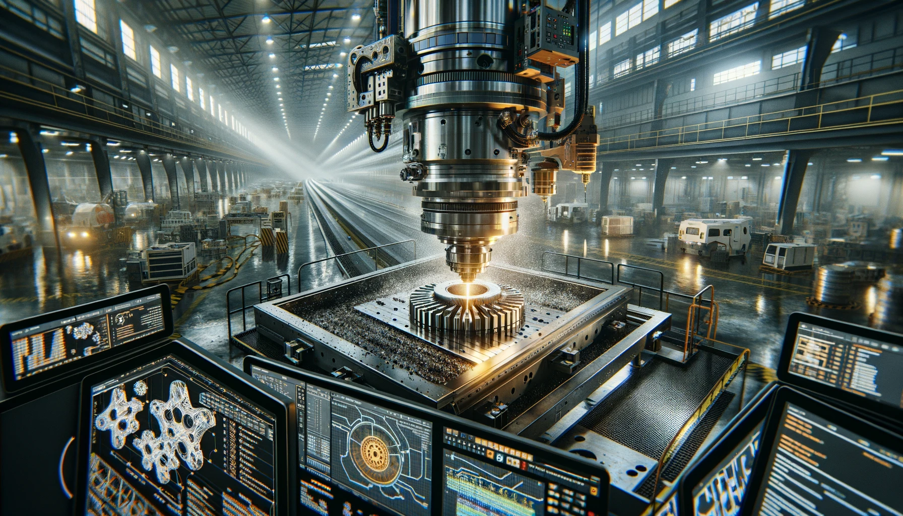 DALL·E 2024 03 07 23.10.57 Generate another set of ultra realistic widescreen images in the style of a 35mm film focusing on a CNC machining process in a highly detailed indust