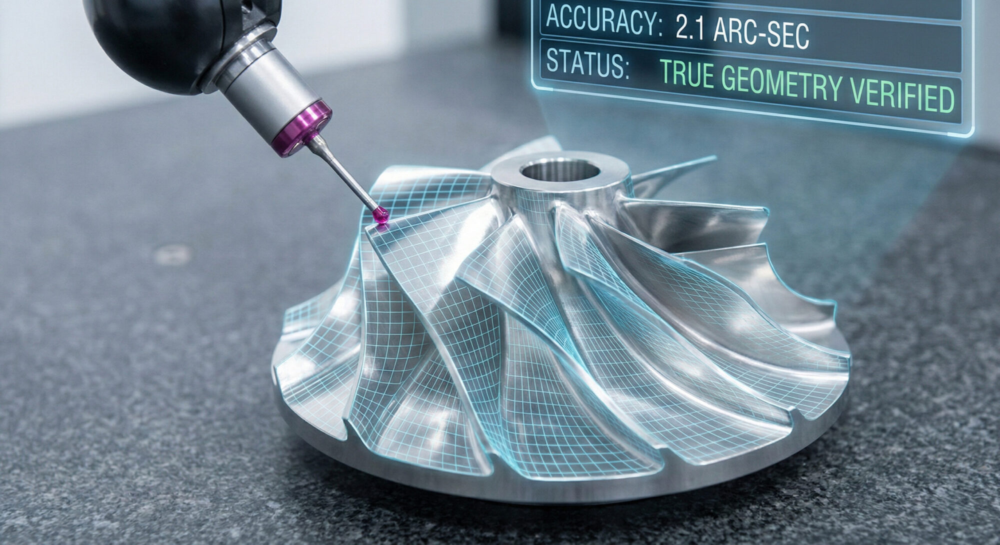 Coordinate Measuring Machine (CMM) probe verifying the 2.1 arc-second true geometry of a complex machined titanium aerospace impeller on a granite inspection table.