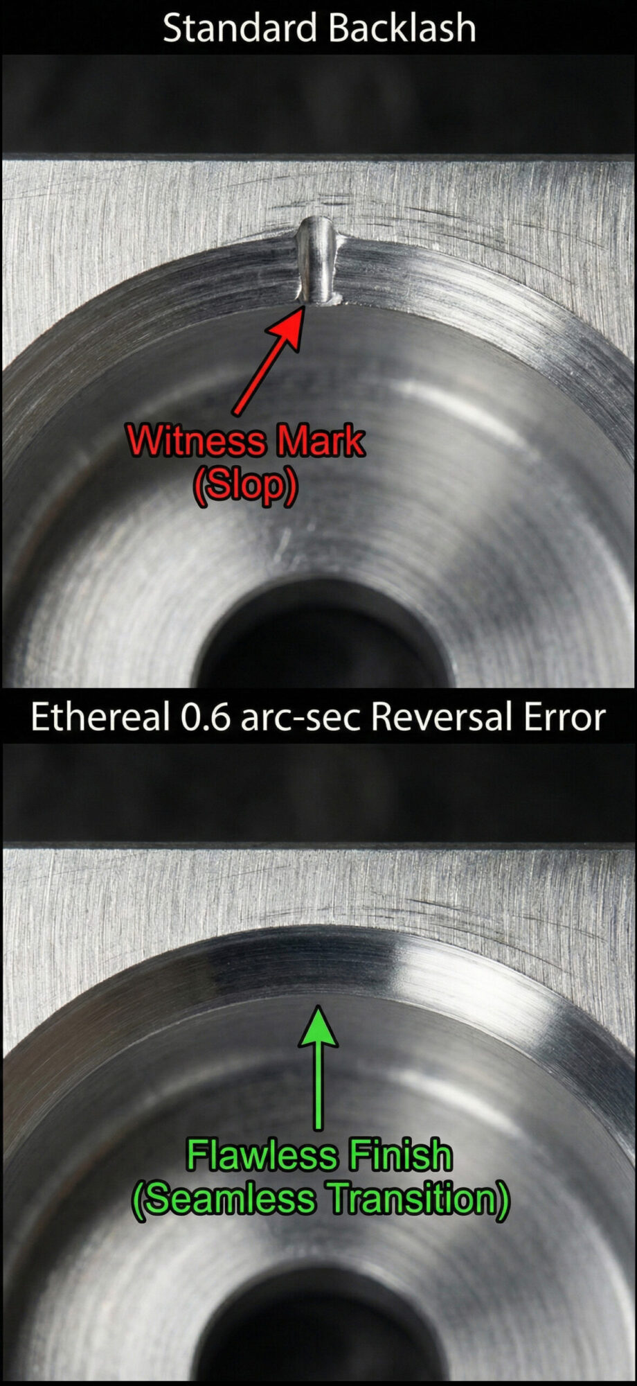 Macro comparison of machined metal pockets showing a witness mark caused by standard CNC backlash versus a flawless quadrant transition achieved by Ethereal Machines' 0.6 arc-second reversal error. (moblie)