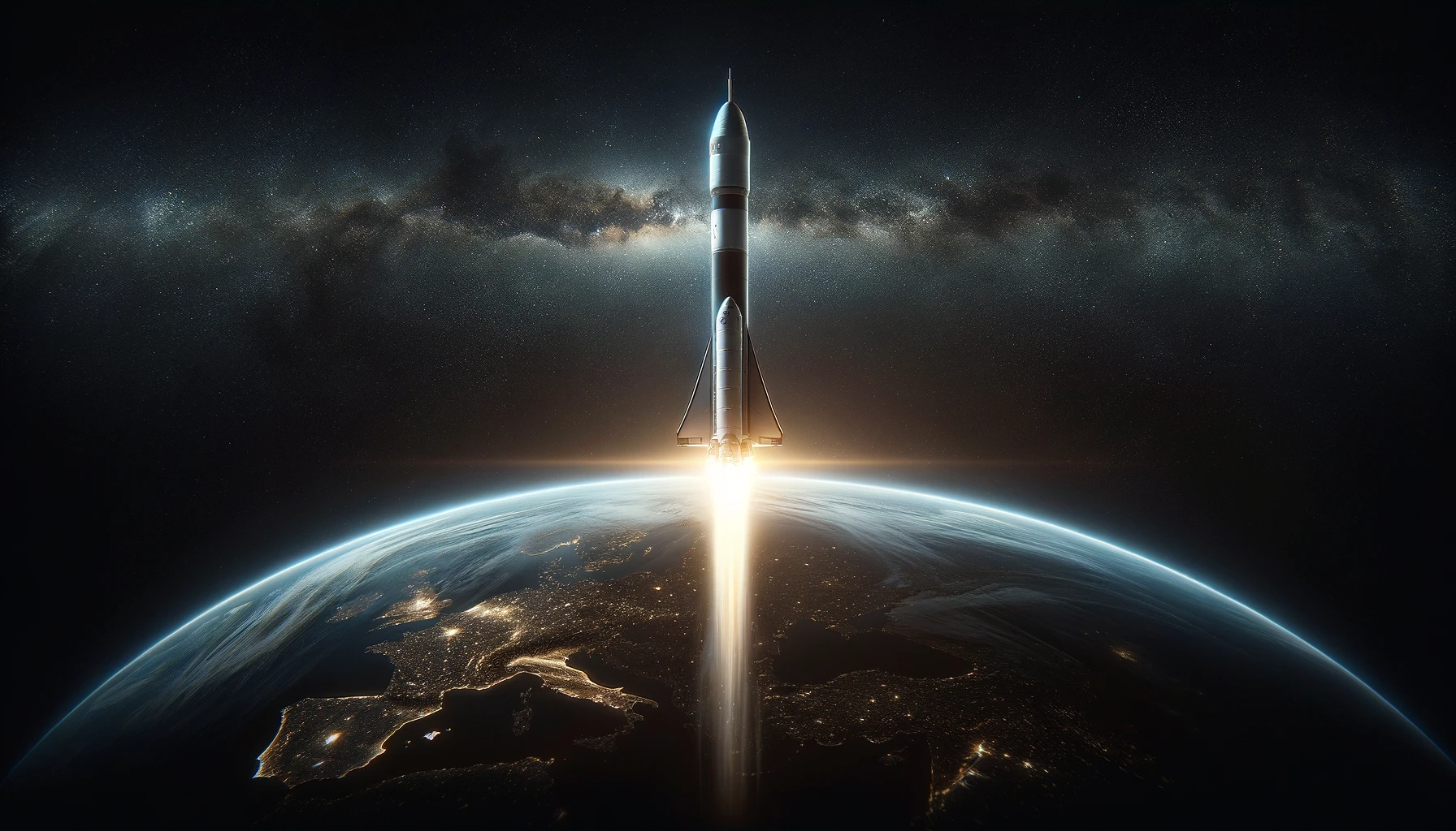 DALL·E 2024 01 05 14.30.56 An extremely cinematic and realistic image of a rocket in space leaving Earth designed like a movie poster without flames from the rocket exhaust. T