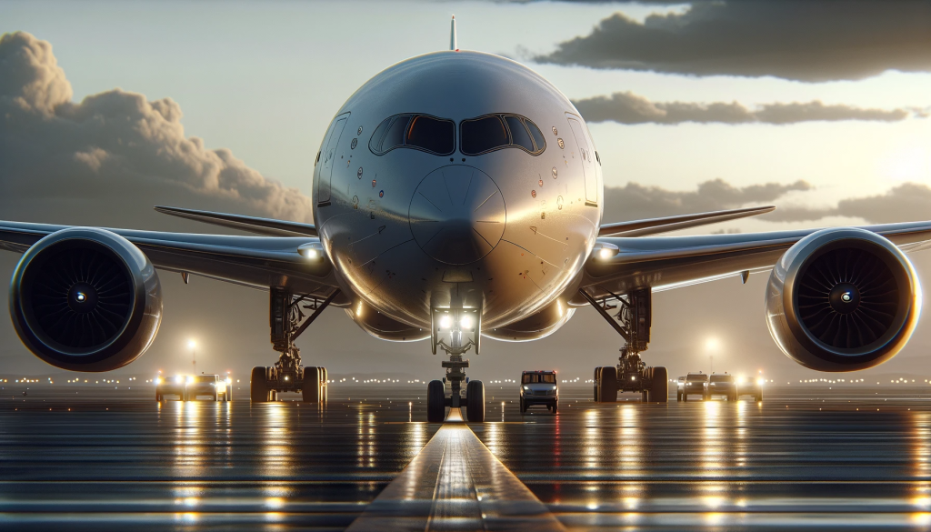 Commercial jet airplane positioned on the runway at sunset, reflecting a golden glow on its fuselage.