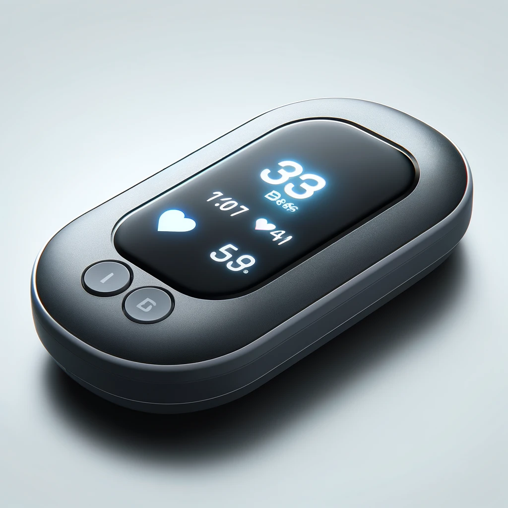 Compact digital medical device displaying heart rate and oxygen saturation levels on a backlit screen.